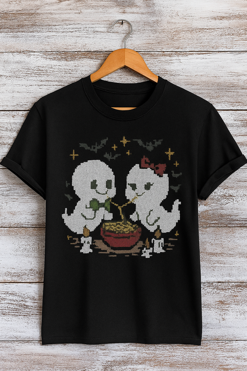Cute Halloween Ghost Couple Cross Stitch Pattern – Baby Ghosts Eating Noodles, Spooky Love Embroidery PDF