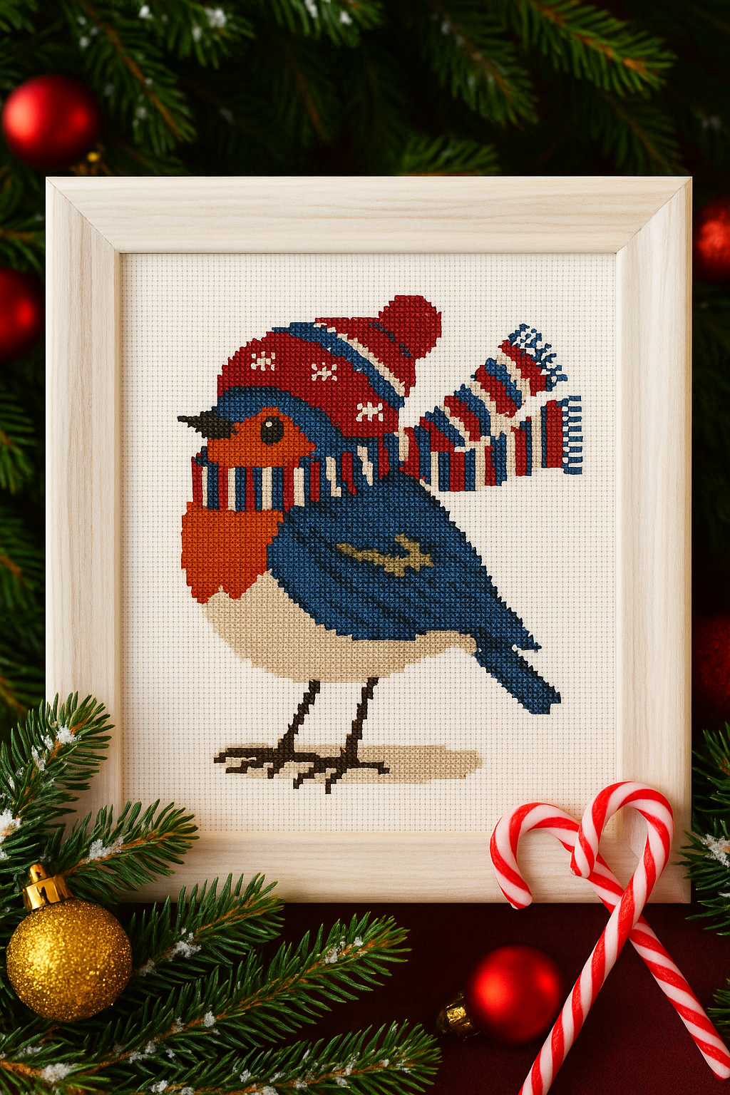 Winter Robin Cross Stitch Pattern – Cute Bird in Knit Hat and Scarf | Christmas Embroidery PDF