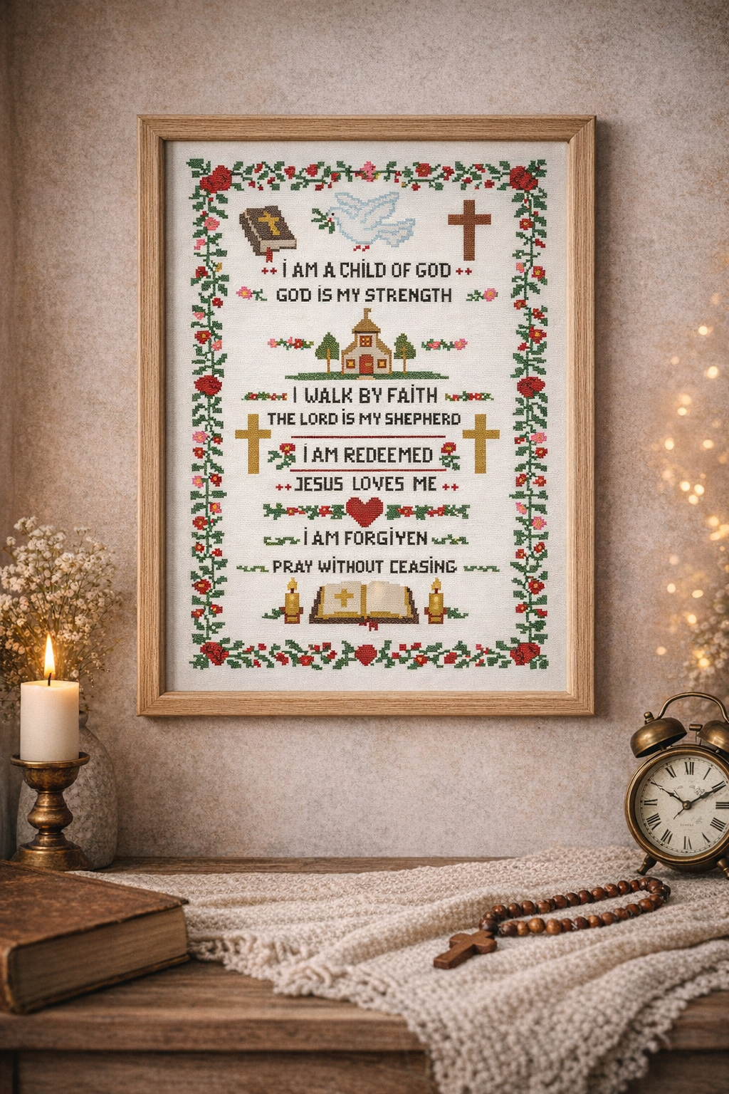 Christian Bible Affirmations Cross Stitch Sampler