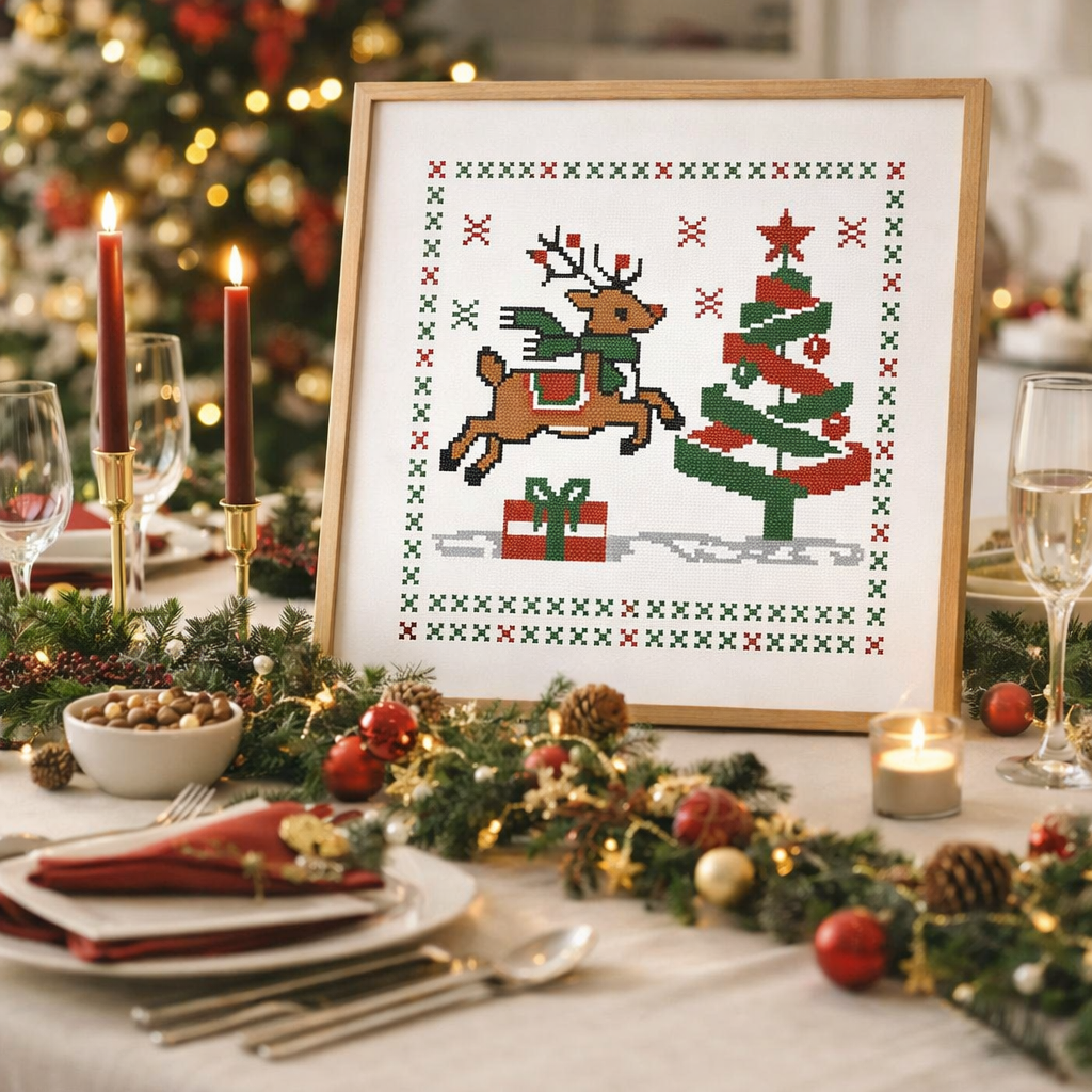Christmas Reindeer Cross Stitch Pattern – Festive Holiday Tree & Gift Design