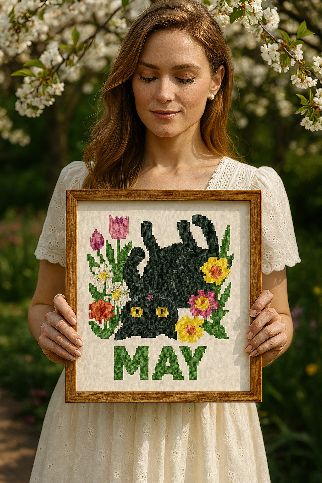 Black Cat in May – Floral Cross Stitch Pattern | Modern PDF Embroidery Design