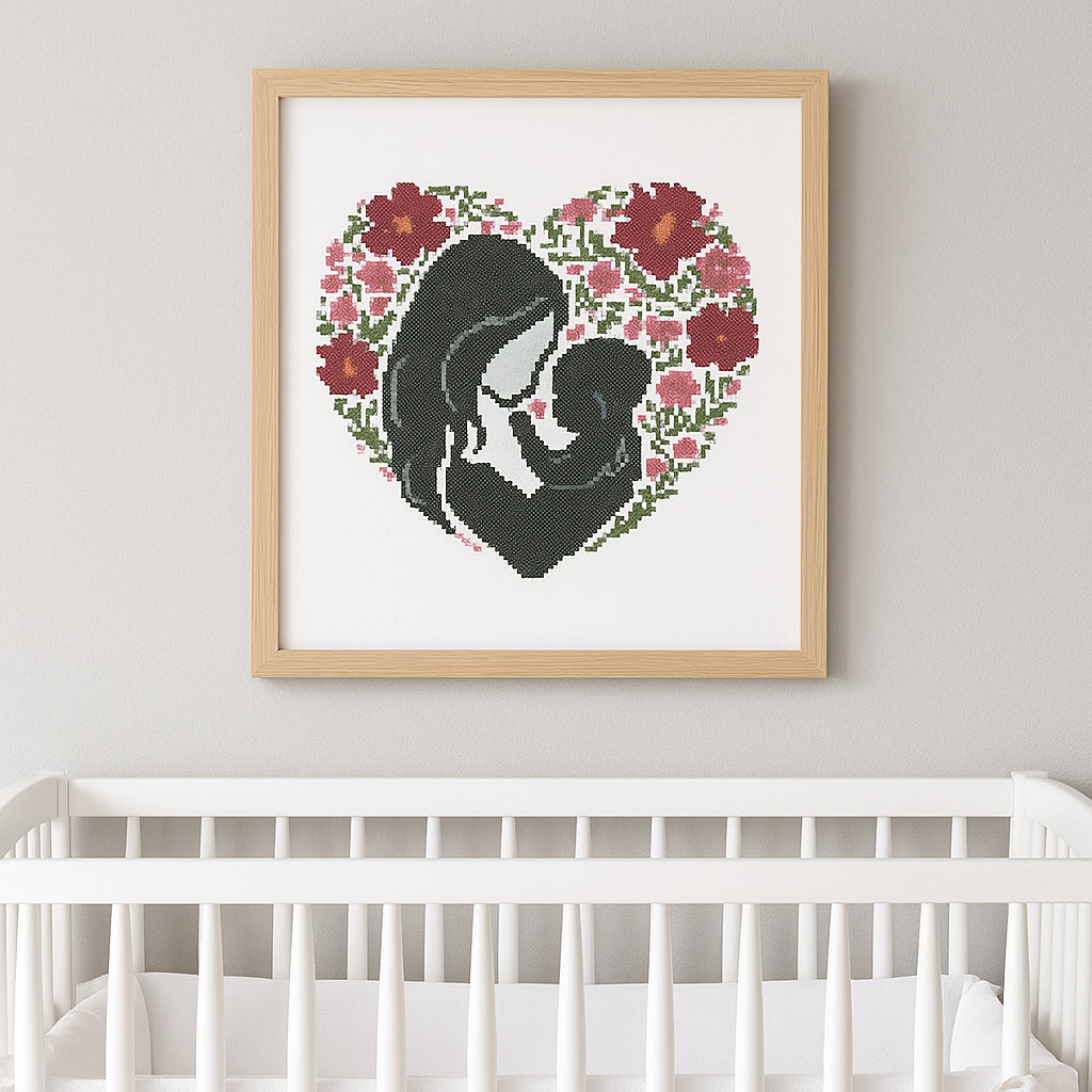 Mother & Baby Silhouette Cross Stitch Pattern | Floral Heart Embroidery PDF