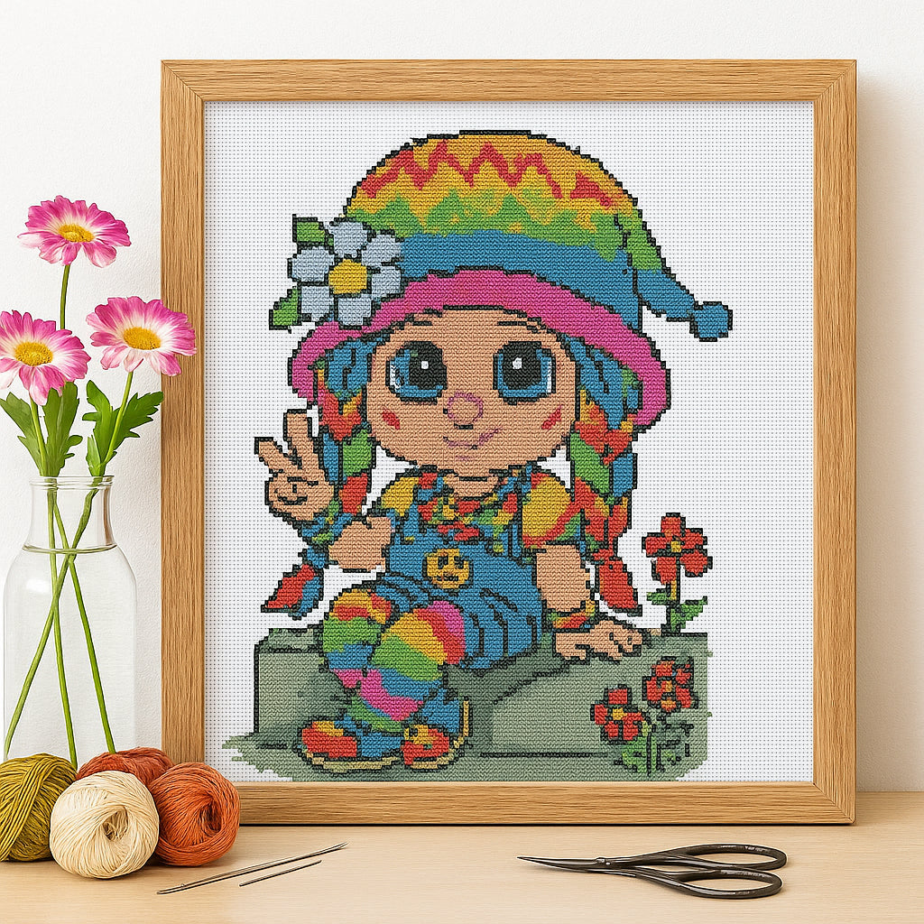 Rainbow Hippie Gnome Cross Stitch Pattern | Peace and Love Embroidery PDF | Cute DIY Needlework Chart