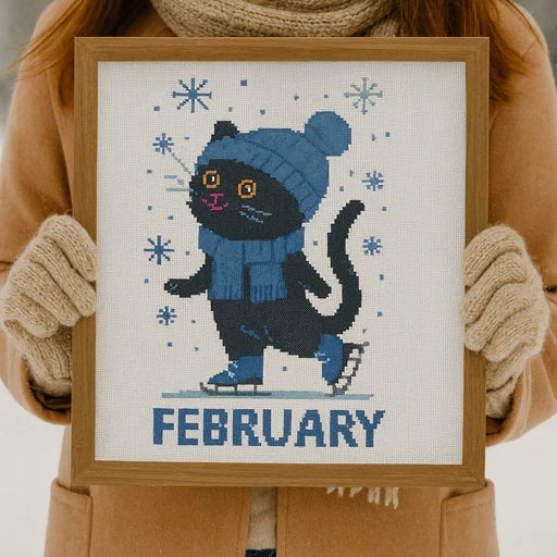 February Black Cat Cross Stitch Pattern – Winter Skating Kit