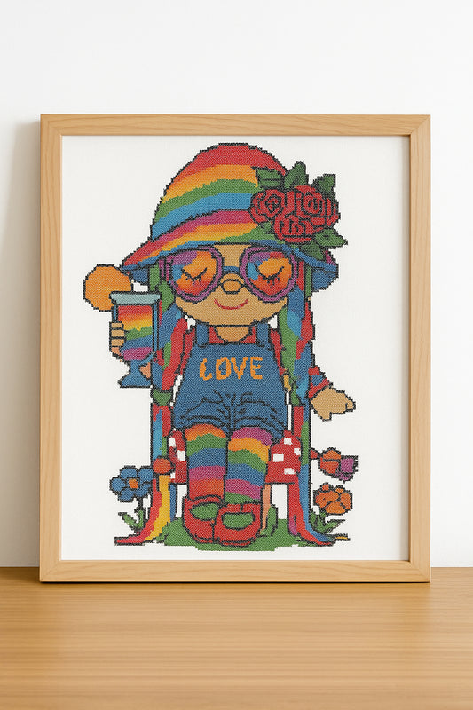 Rainbow Hippie Gnome Cross Stitch Pattern | PDF Embroidery Chart with Drink & LOVE Design