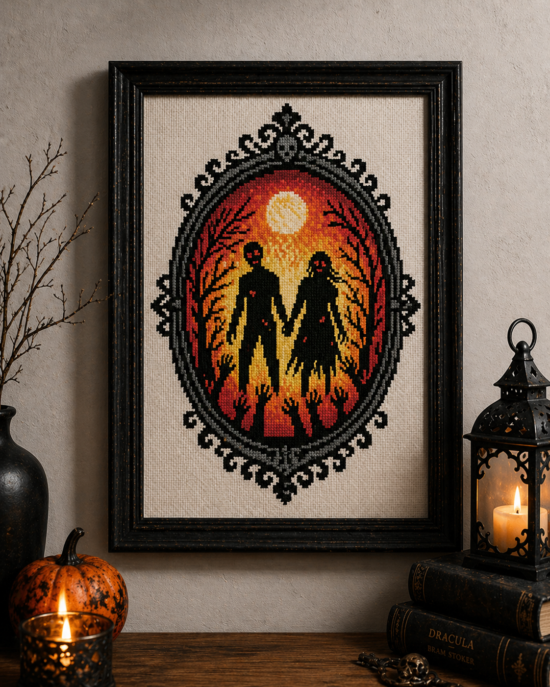 Zombie Couple Cross Stitch Pattern PDF – Gothic Halloween Embroidery Design – Spooky Love Silhouette