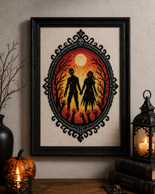 Zombie Couple Cross Stitch Pattern PDF – Gothic Halloween Embroidery Design – Spooky Love Silhouette