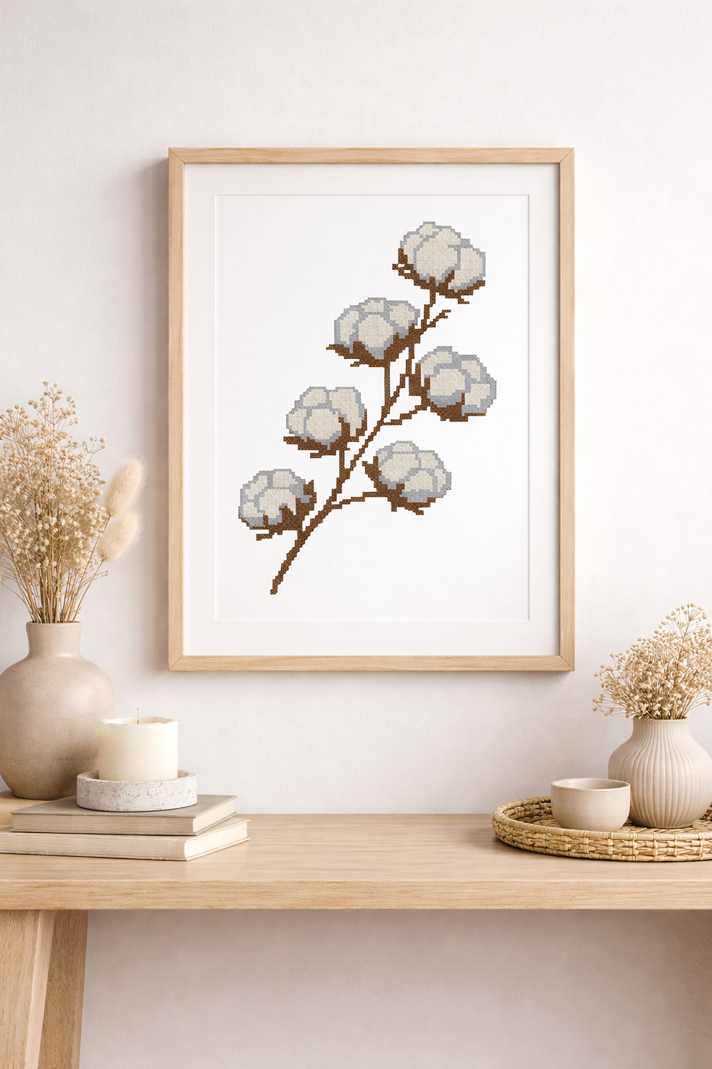 Cotton Branch Cross Stitch Pattern | Minimalist Botanical Embroidery Design | Scandinavian Neutral Farmhouse Decor