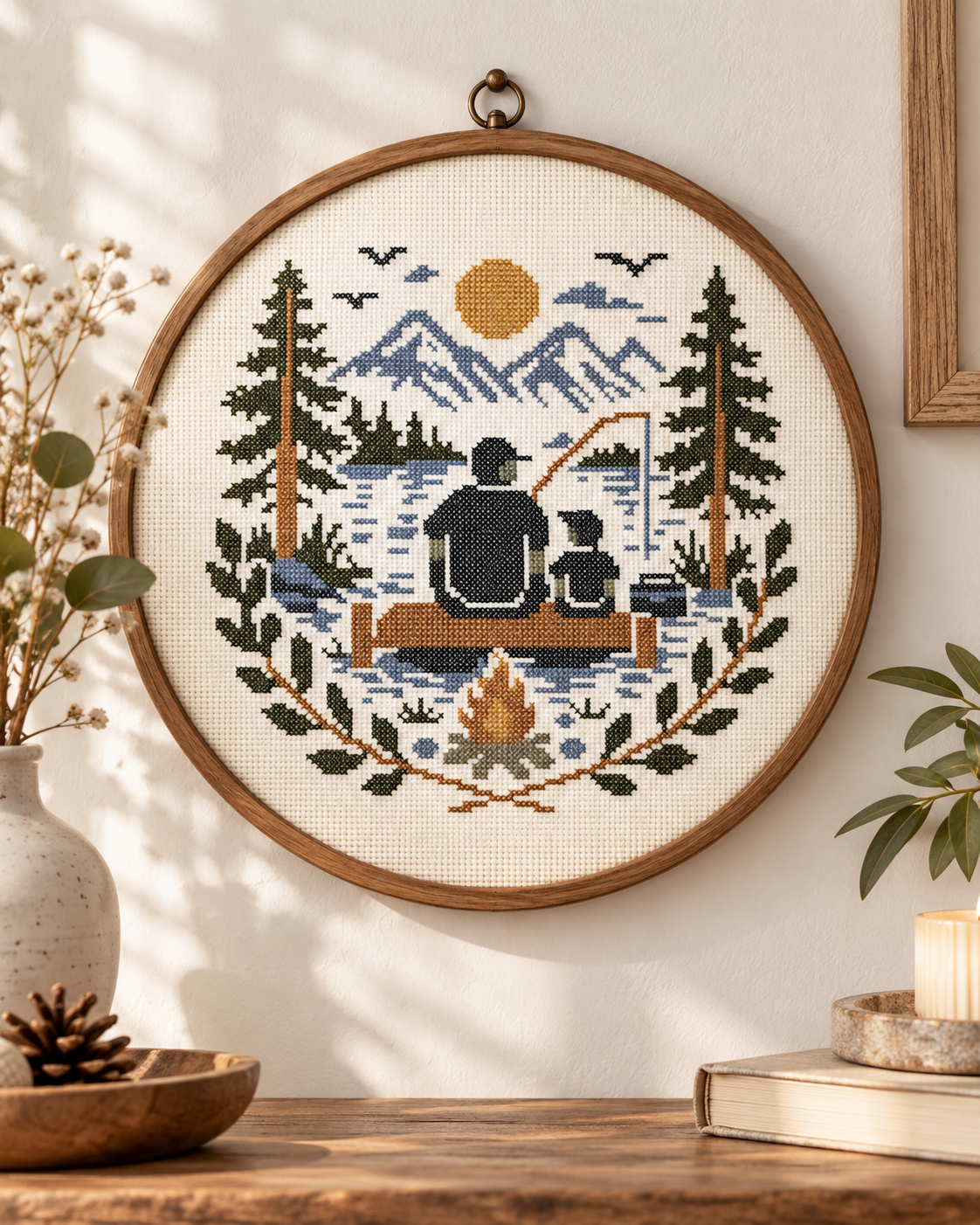 Father and Child Fishing Cross Stitch Pattern PDF – Mountain Lake Embroidery