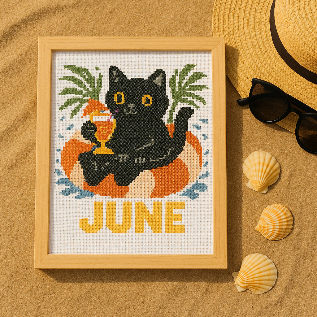 June Cross Stitch Pattern – Black Cat with Cocktail in Pool Ring | Summer PDF Embroidery Design