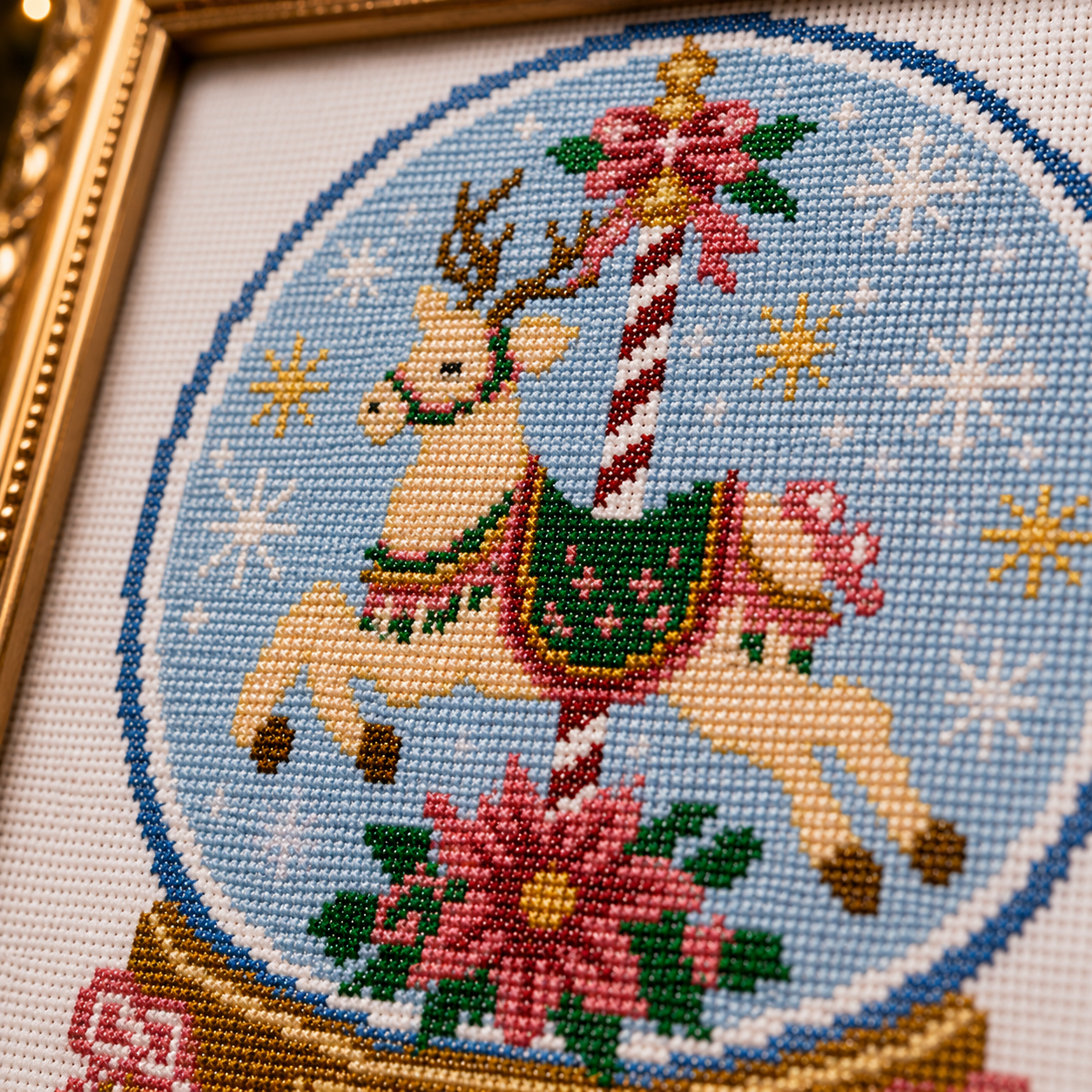 Christmas Carousel Snow Globe Cross Stitch Pattern PDF | Reindeer Snow Globe Embroidery Design | Instant Download