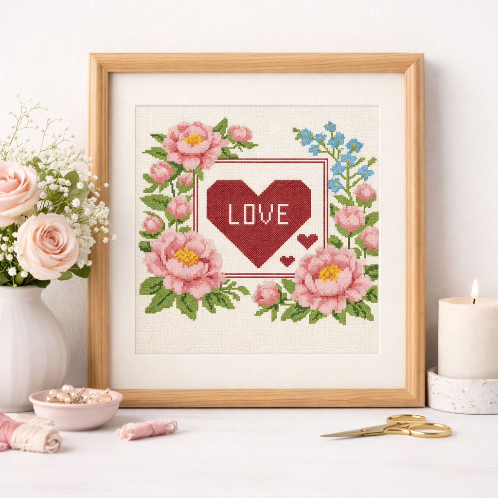 Romantic Love Cross Stitch Pattern – Peonies & Heart Floral Embroidery Design – PDF Chart