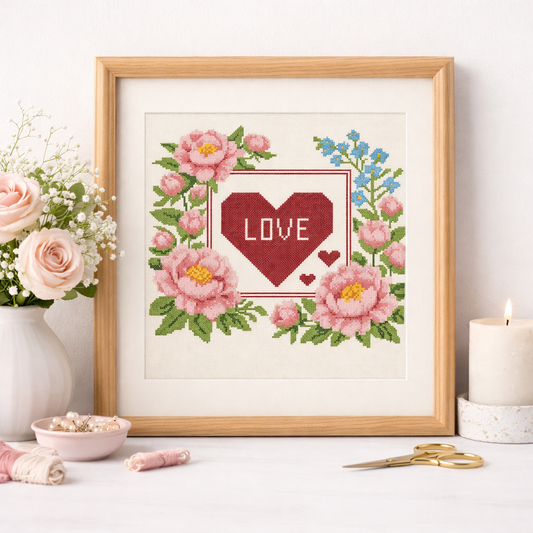 Romantic Love Cross Stitch Pattern – Peonies & Heart Floral Embroidery Design – PDF Chart