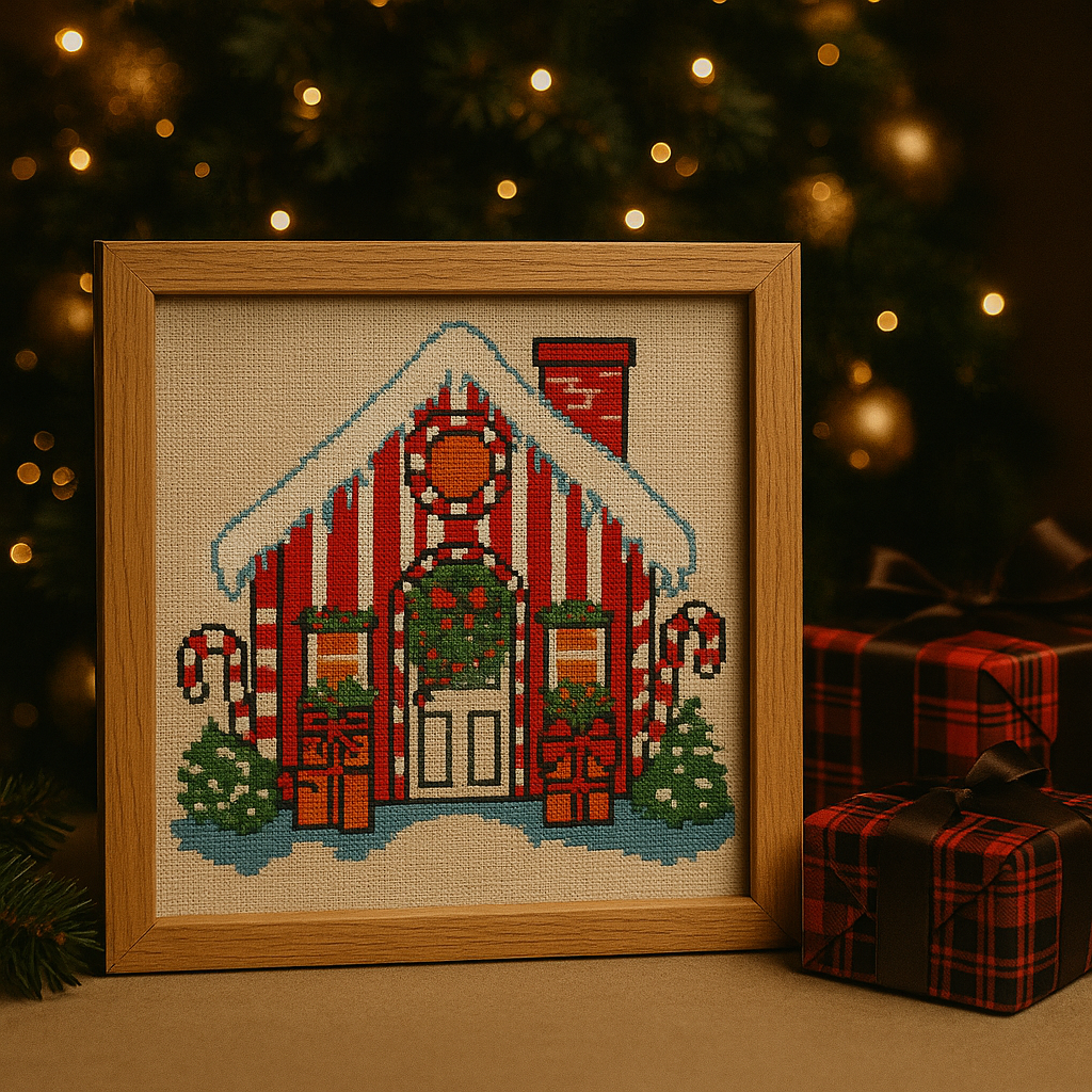 Christmas Candy House Cross Stitch Pattern – Festive Holiday Embroidery PDF