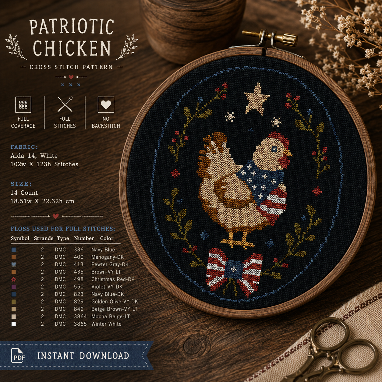 Patriotic Chicken Cross Stitch Pattern PDF | Americana Farmhouse Embroidery