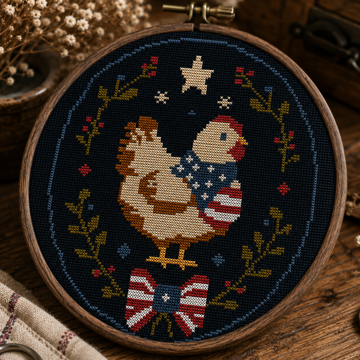 Patriotic Chicken Cross Stitch Pattern PDF | Americana Farmhouse Embroidery