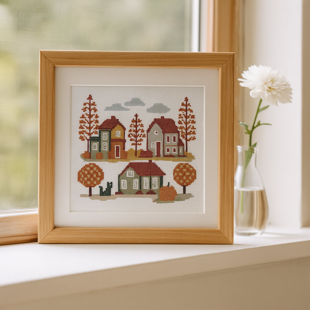 Autumn Village Cross Stitch Pattern – Fall Sampler PDF, Cozy Houses & Trees, Instant Download