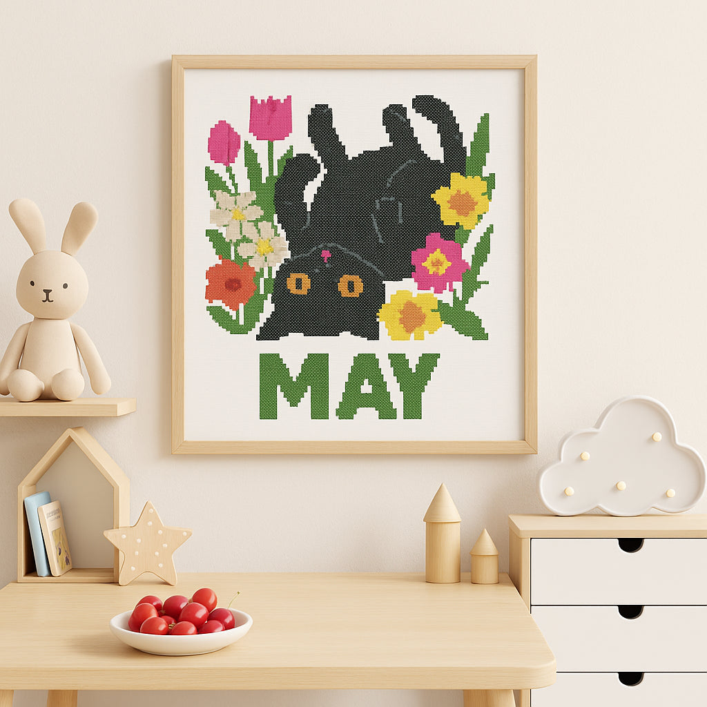 Black Cat in May – Floral Cross Stitch Pattern | Modern PDF Embroidery Design