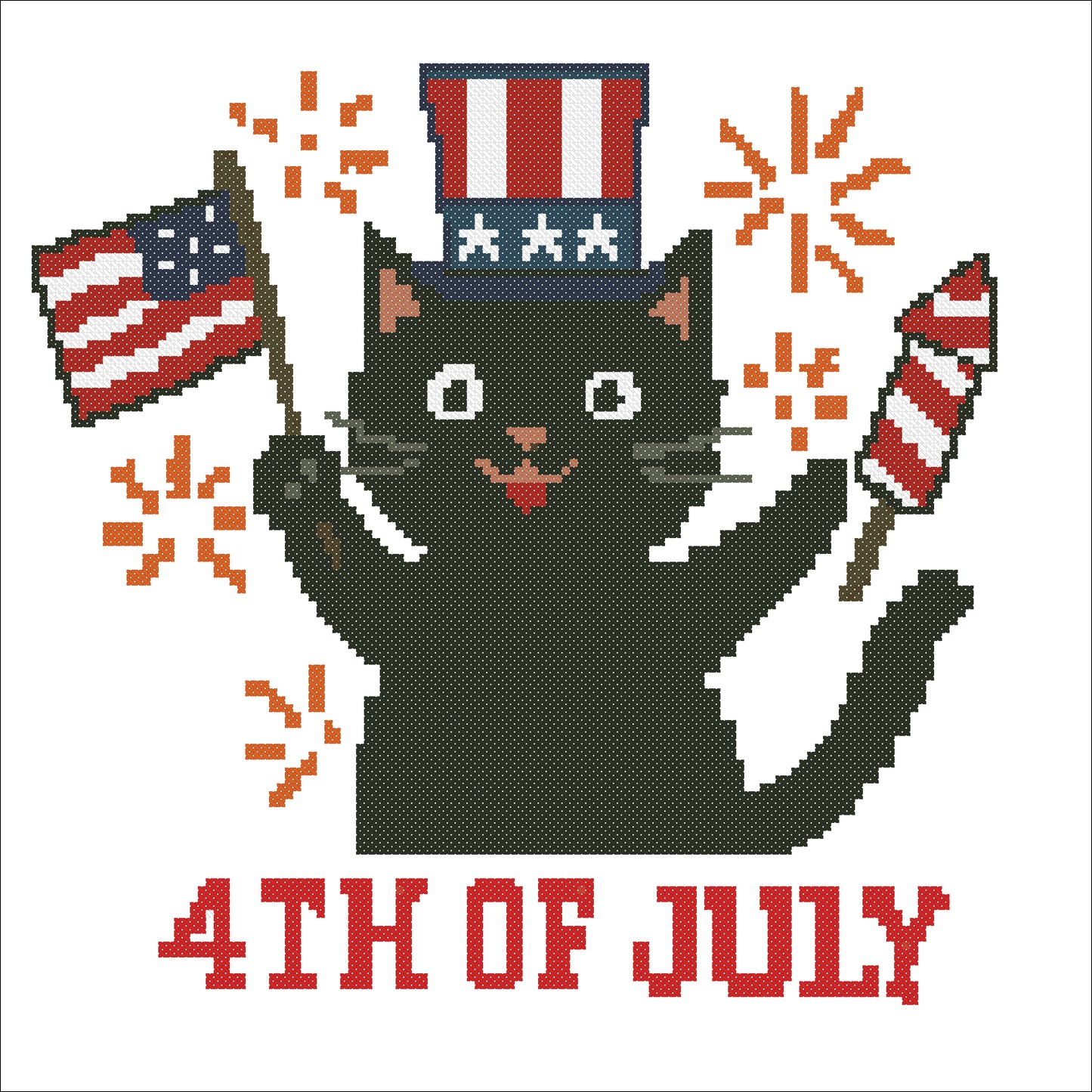 Black Cat 4th of July Cross Stitch Pattern – Patriotic USA Independence Day Embroidery