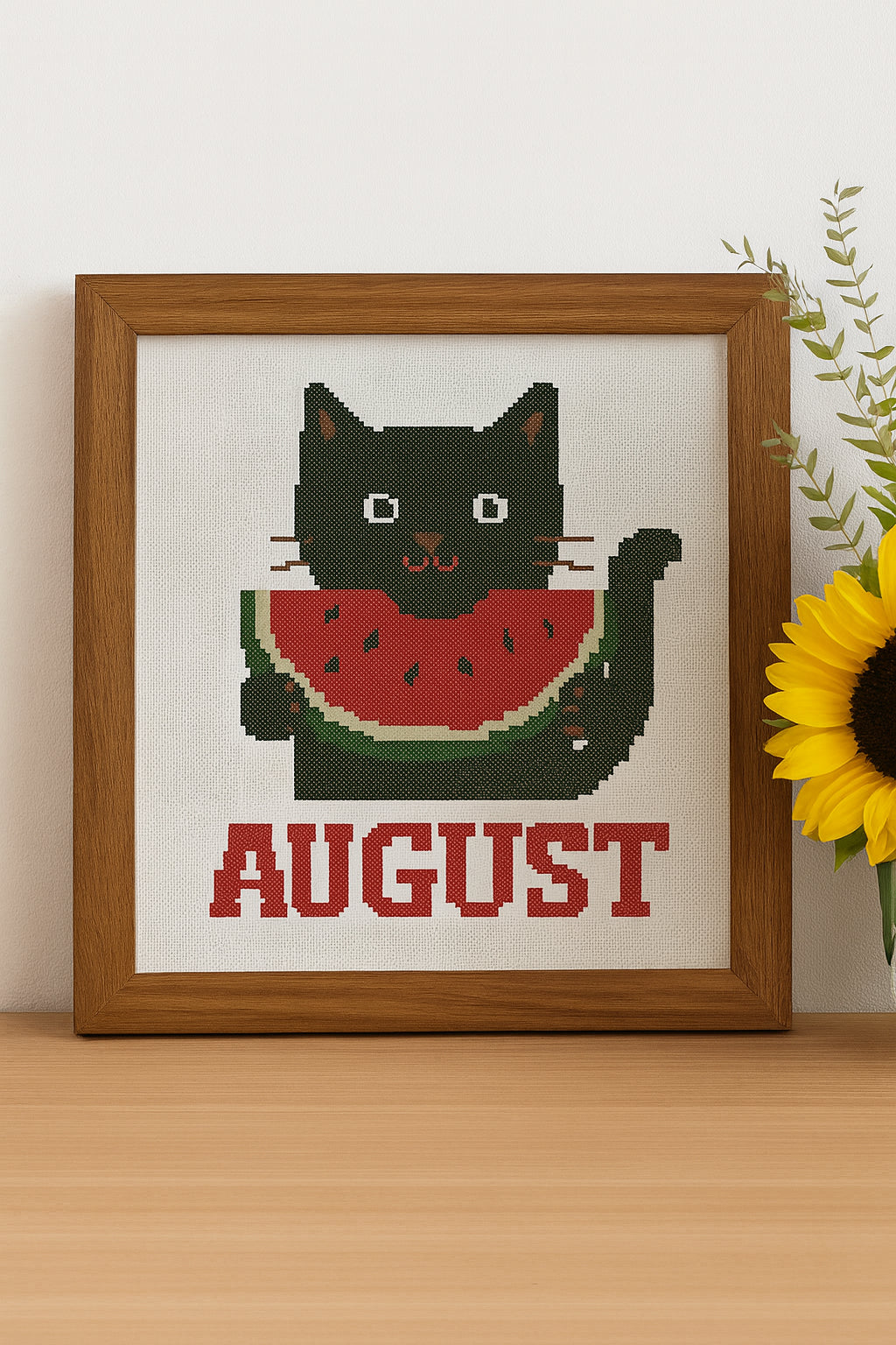 Black Cat with Watermelon Cross Stitch Pattern – August Summer Embroidery PDF