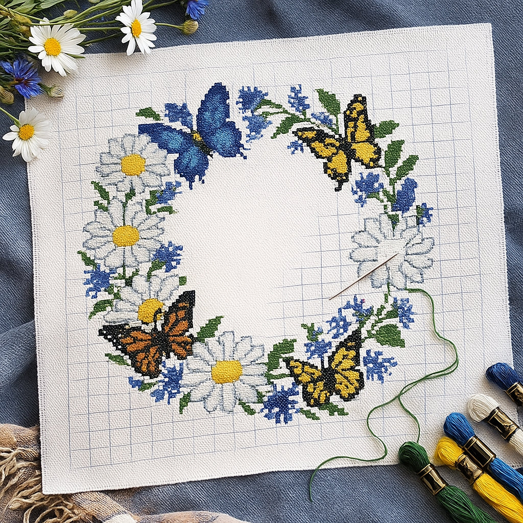 Daisy & Cornflower Butterfly Wreath Cross Stitch Pattern | 250x250 Floral Embroidery Design