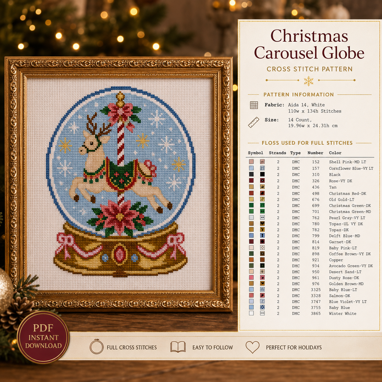 Christmas Carousel Snow Globe Cross Stitch Pattern PDF | Reindeer Snow Globe Embroidery Design | Instant Download
