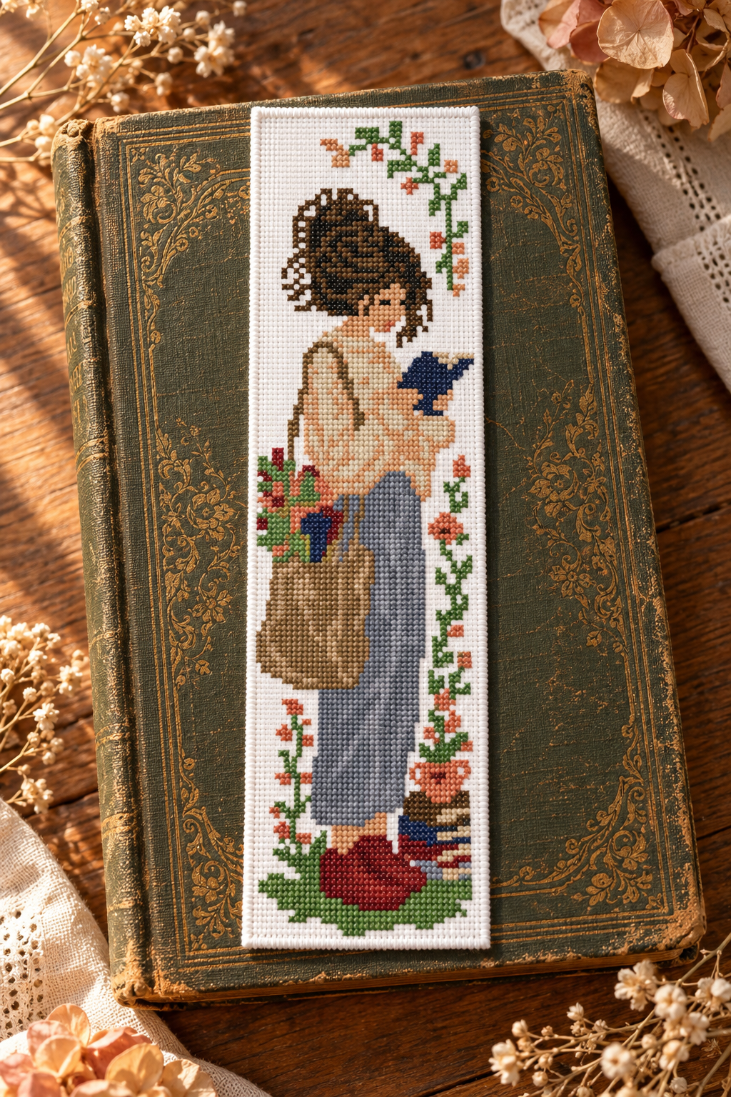 Reading Girl Bookmark Cross Stitch Pattern PDF – Floral Book Lover