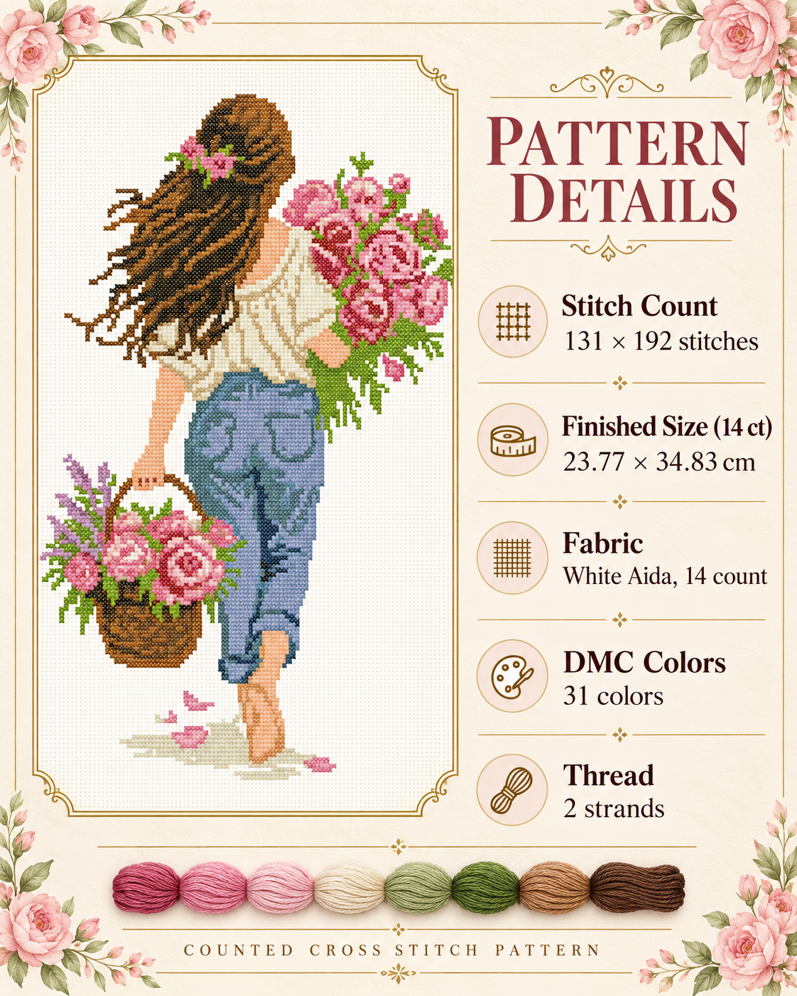 Girl with Pink Roses Cross Stitch Pattern PDF | Floral Embroidery