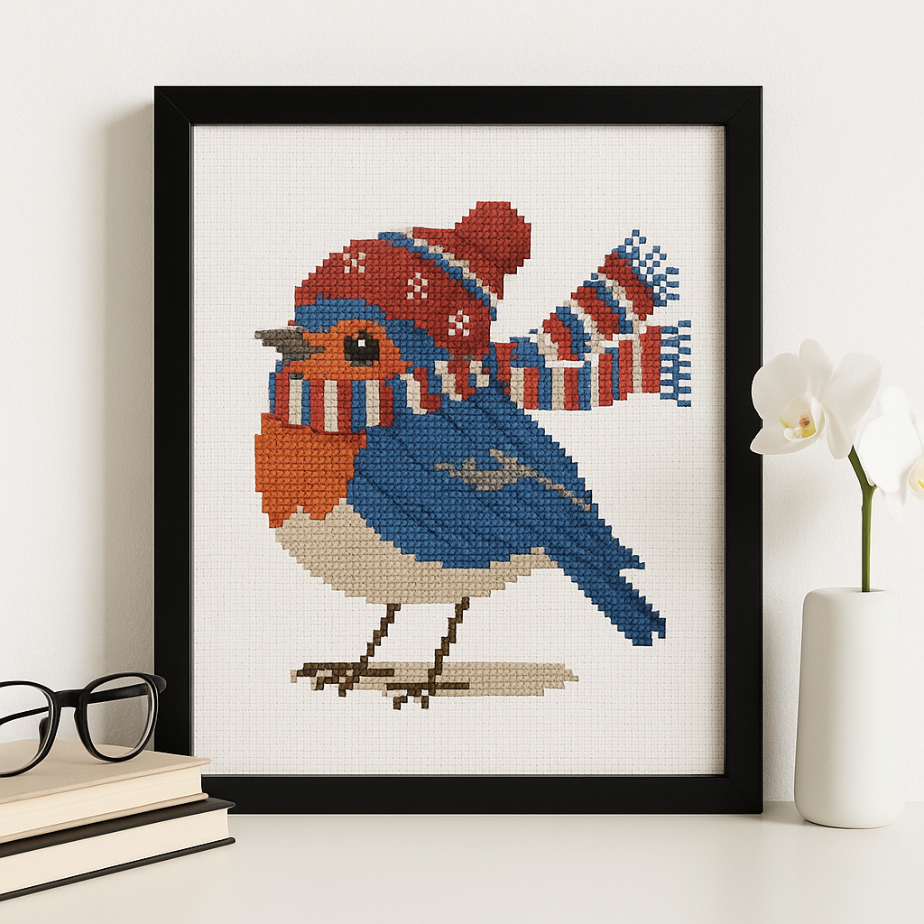 Winter Robin Cross Stitch Pattern – Cute Bird in Knit Hat and Scarf | Christmas Embroidery PDF
