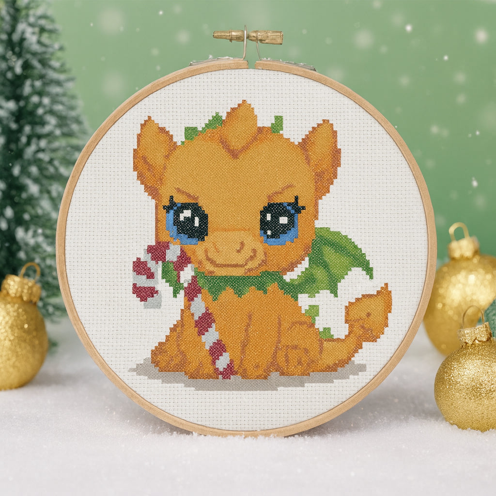Christmas Dragon Cross Stitch Pattern • Cute Baby Dragon with Candy Cane • Holiday Embroidery Design PDF