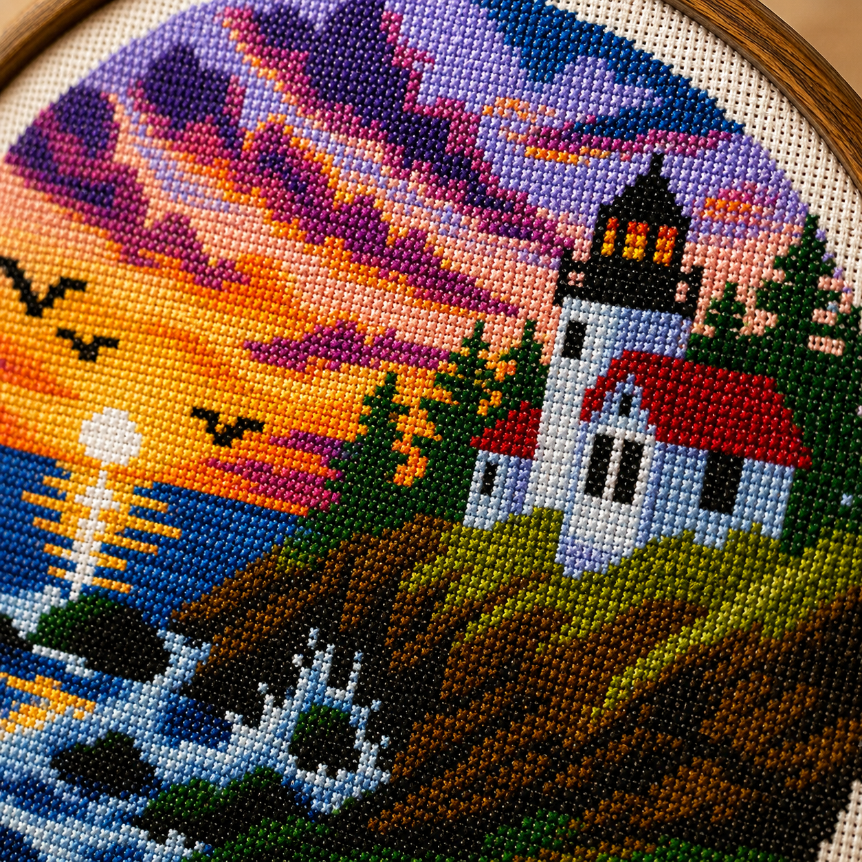 Acadia National Park Lighthouse Cross Stitch Pattern PDF | Maine Coastal Sunset Embroidery Chart | Counted Cross Stitch Instant Download