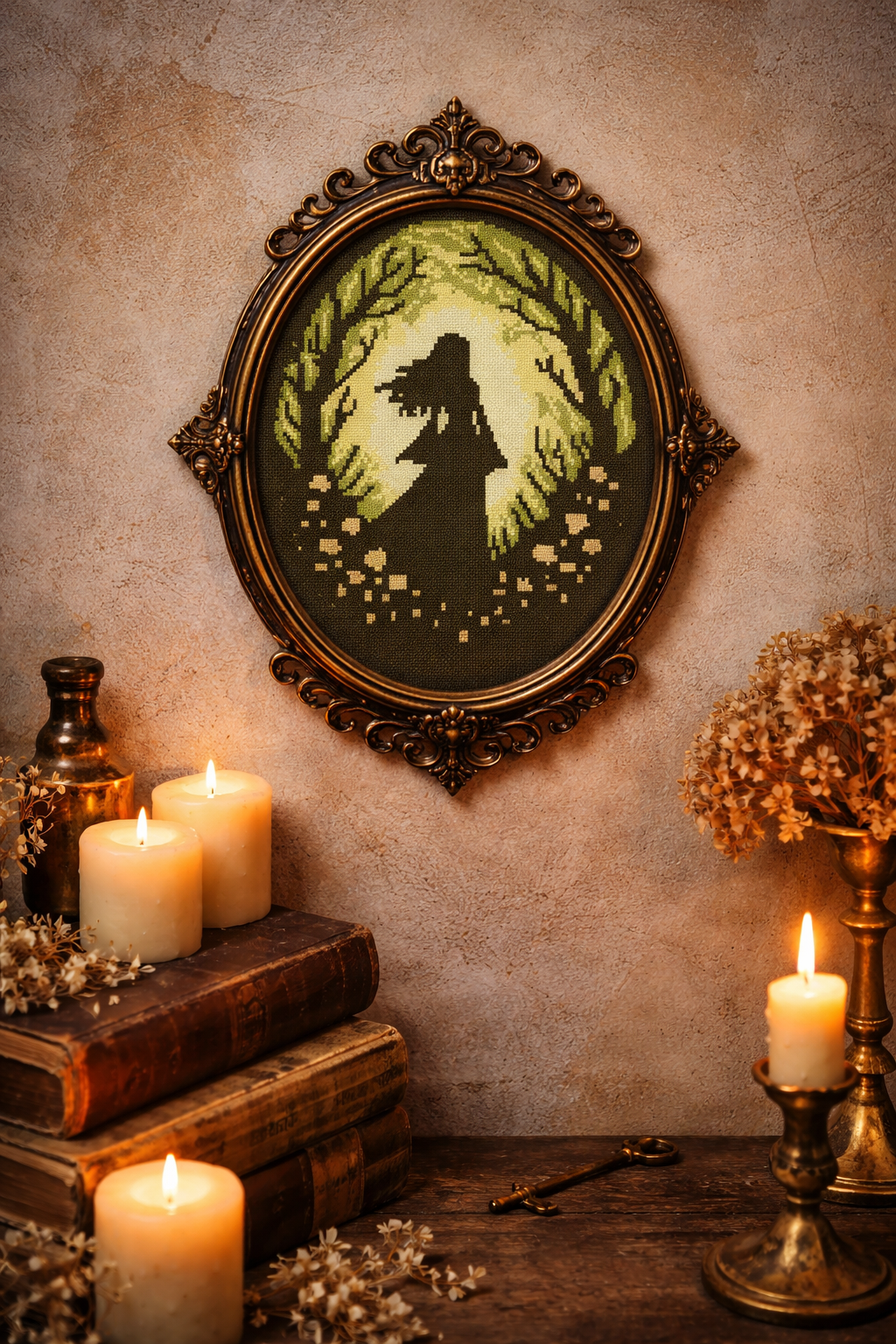 Gothic Forest Lady Cross Stitch Pattern – Dark Fantasy Embroidery Design PDF
