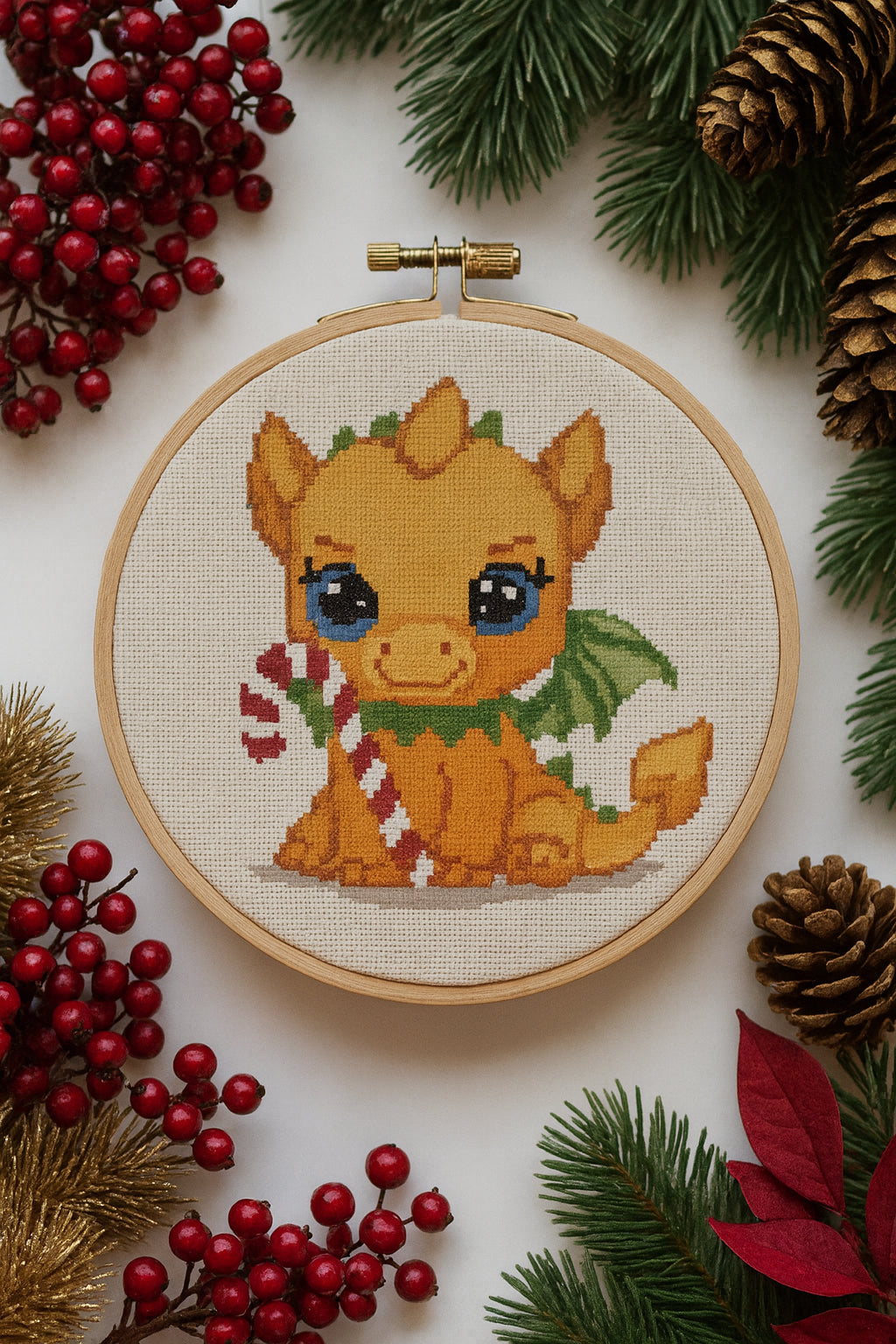 Christmas Dragon Cross Stitch Pattern • Cute Baby Dragon with Candy Cane • Holiday Embroidery Design PDF