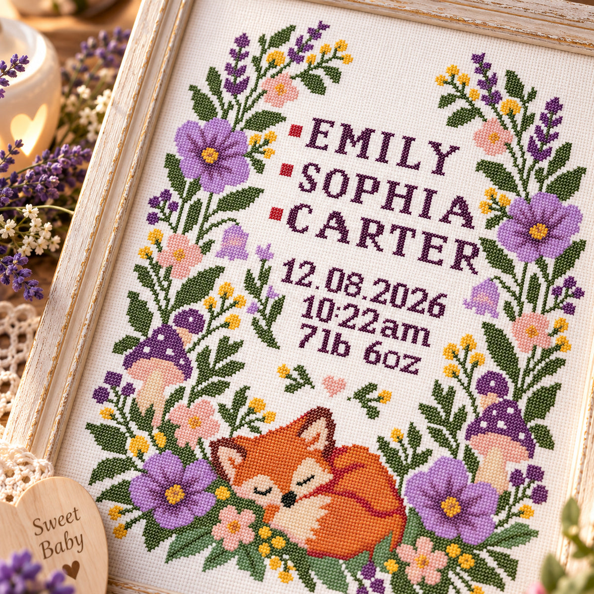 Personalized Baby Birth Announcement Cross Stitch Pattern PDF – Woodland Fox Sampler + Alphabet