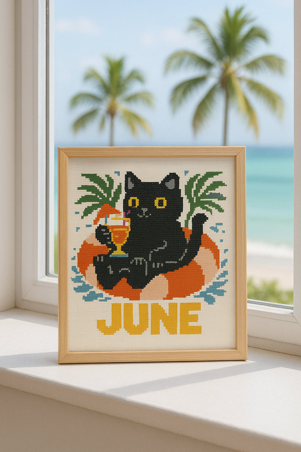 June Cross Stitch Pattern – Black Cat with Cocktail in Pool Ring | Summer PDF Embroidery Design