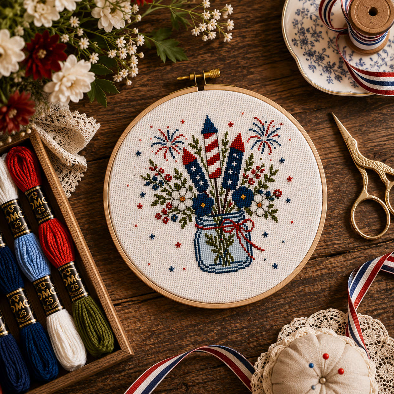 Patriotic Firework Bouquet Cross Stitch Pattern PDF, 4th of July Embroidery Pattern, Fireworks in Mason Jar, American Flag Rocket Cross Stitch, DMC Chart
