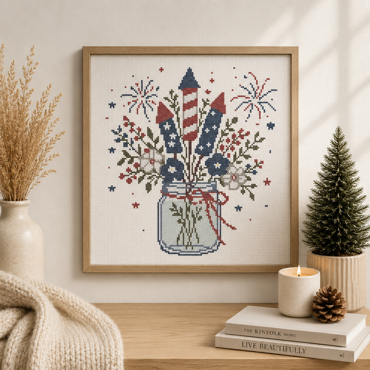 Patriotic Firework Bouquet Cross Stitch Pattern PDF, 4th of July Embroidery Pattern, Fireworks in Mason Jar, American Flag Rocket Cross Stitch, DMC Chart