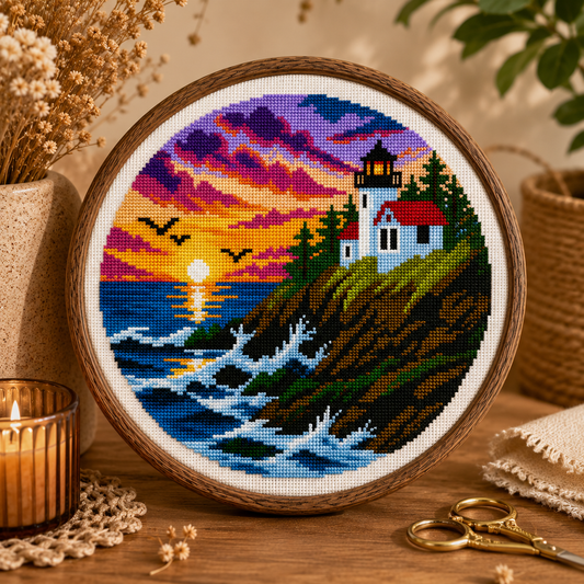 Acadia National Park Lighthouse Cross Stitch Pattern PDF | Maine Coastal Sunset Embroidery Chart | Counted Cross Stitch Instant Download