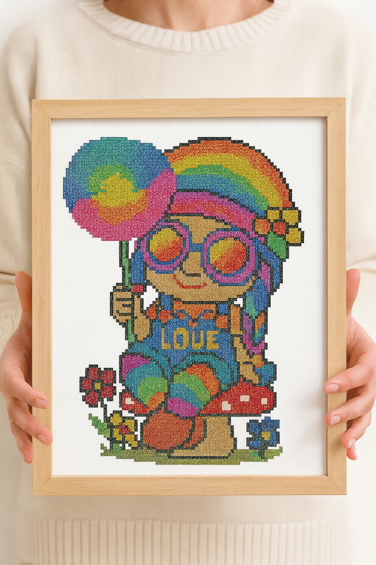 🌈 Hippie Gnome Cross Stitch Pattern | Rainbow Peace Gnome with Dandelion