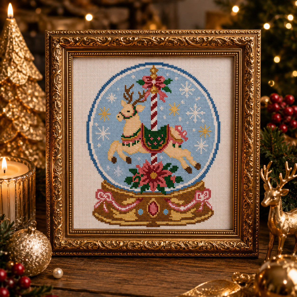 Christmas Carousel Snow Globe Cross Stitch Pattern PDF | Reindeer Snow Globe Embroidery Design | Instant Download