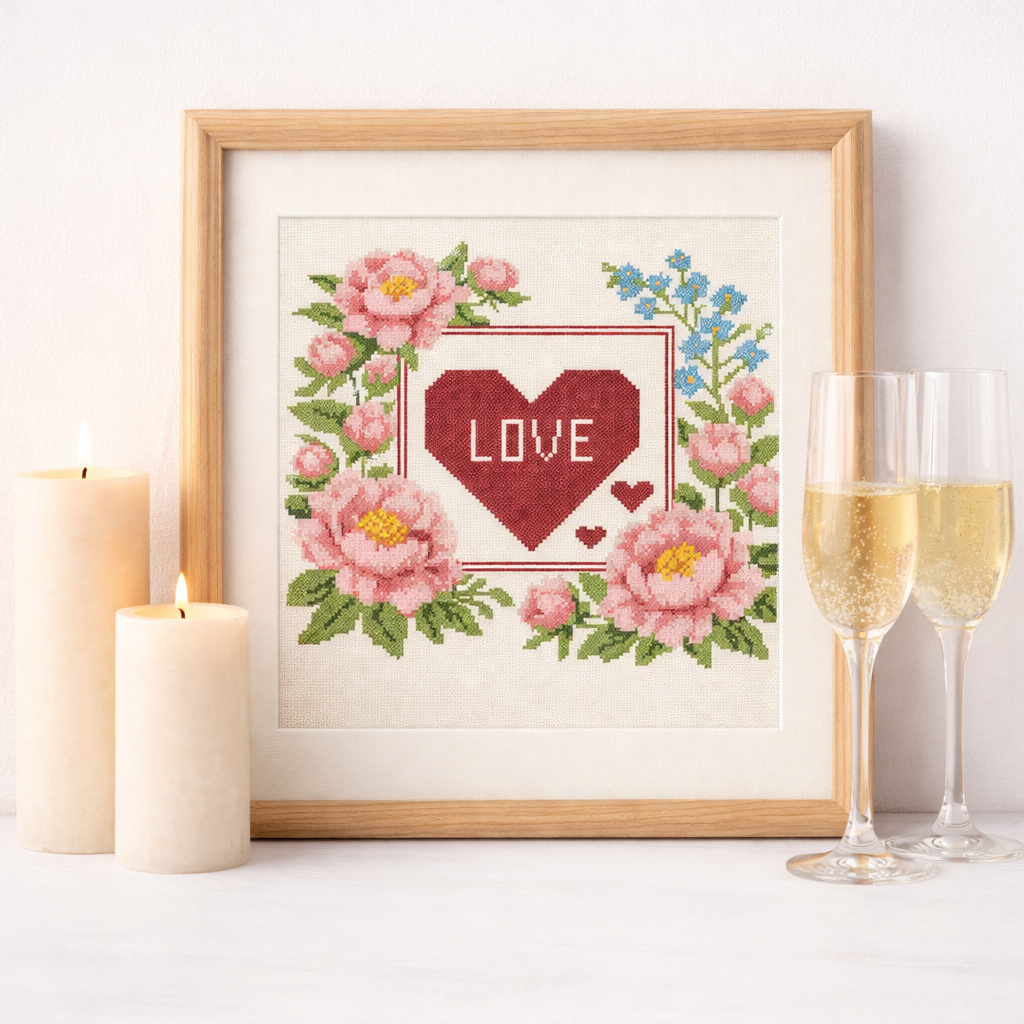 Romantic Love Cross Stitch Pattern – Peonies & Heart Floral Embroidery Design – PDF Chart