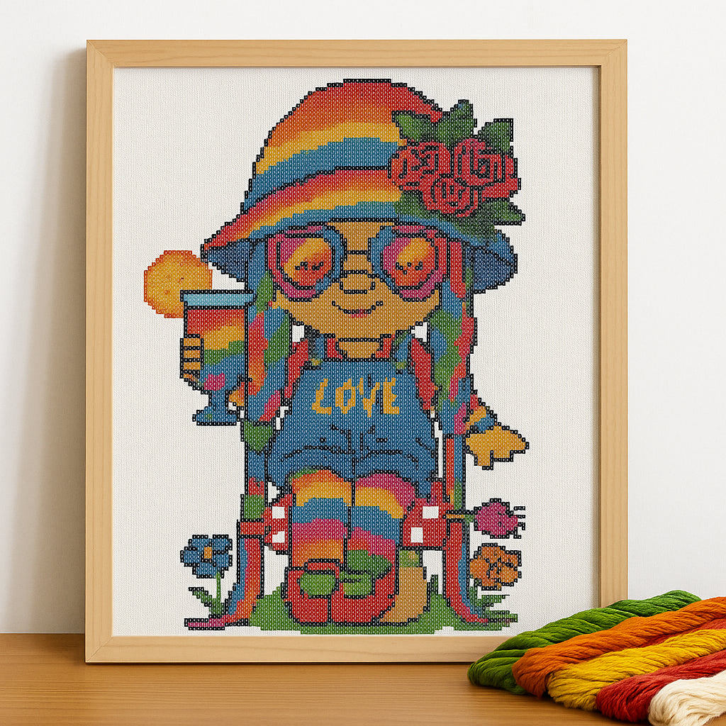 Rainbow Hippie Gnome Cross Stitch Pattern | PDF Embroidery Chart with Drink & LOVE Design