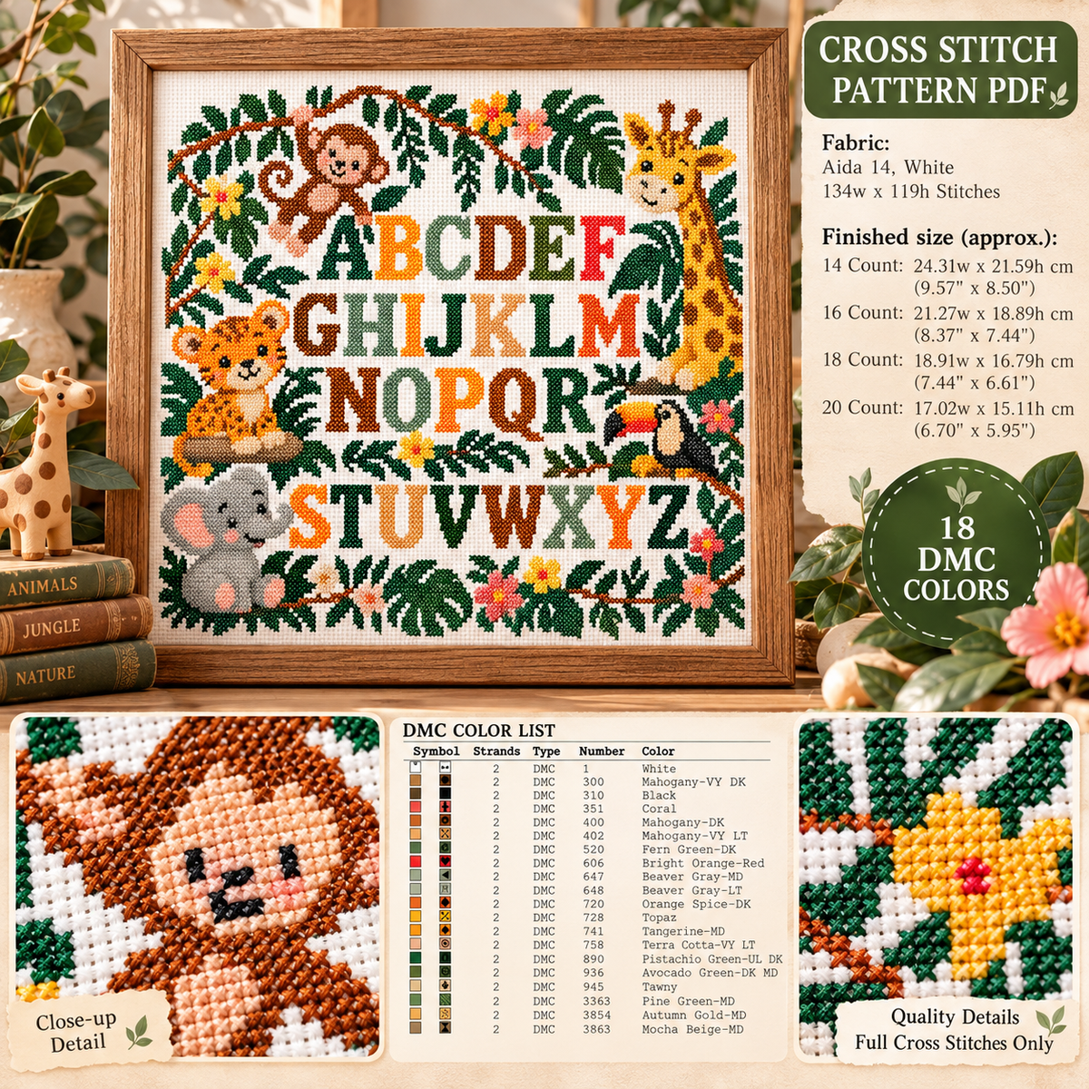 Jungle Alphabet Cross Stitch Pattern – Safari Animals ABC PDF