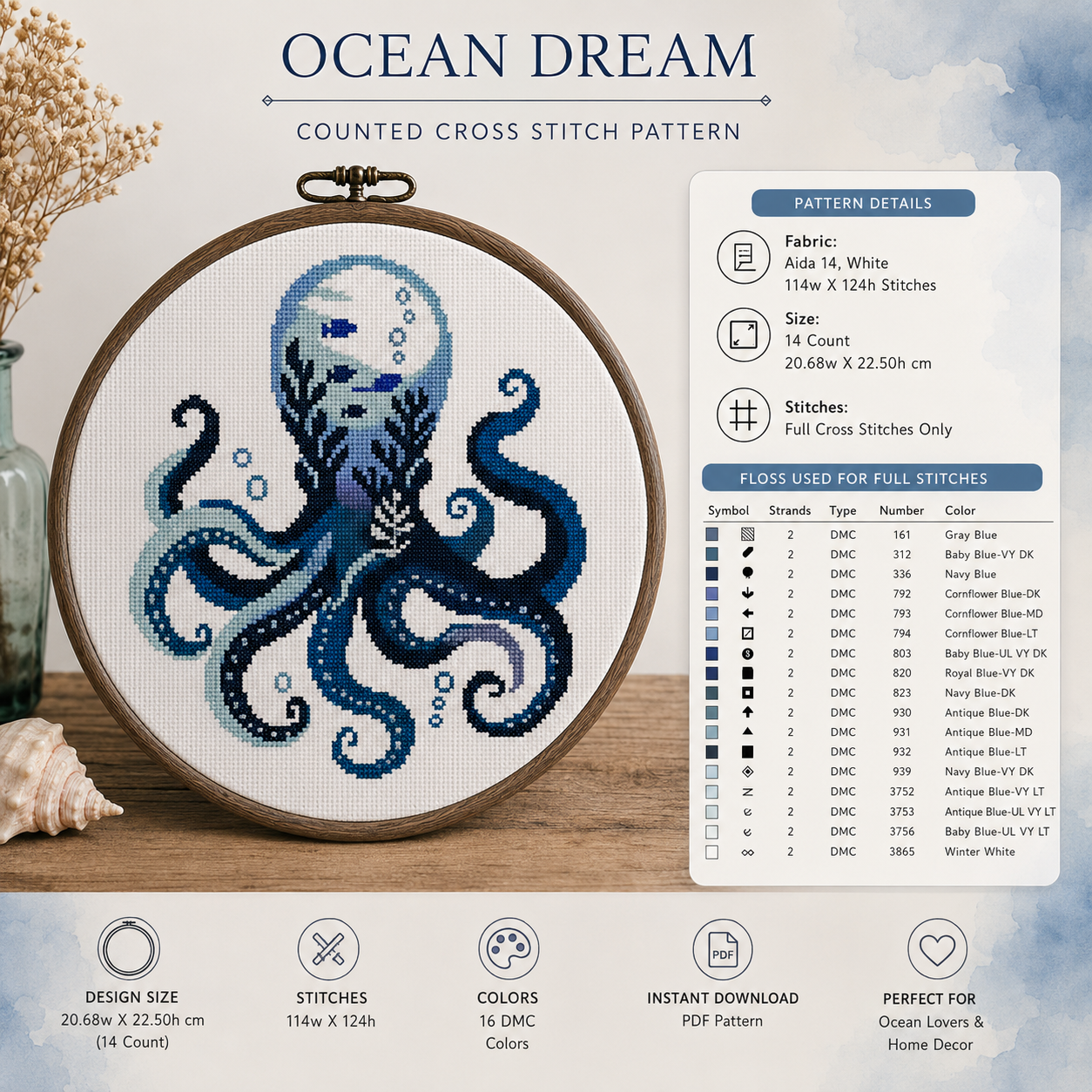Moonlit Octopus Counted Cross Stitch Pattern PDF | Ocean Embroidery Design | Nautical Marine Wall Art | Modern Coastal Decor | Instant Download