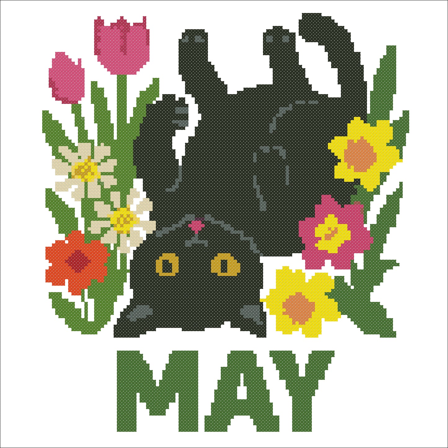 Black Cat in May – Floral Cross Stitch Pattern | Modern PDF Embroidery Design