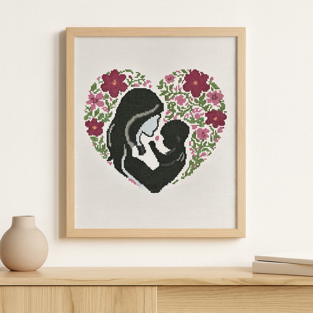 Mother & Baby Silhouette Cross Stitch Pattern | Floral Heart Embroidery PDF