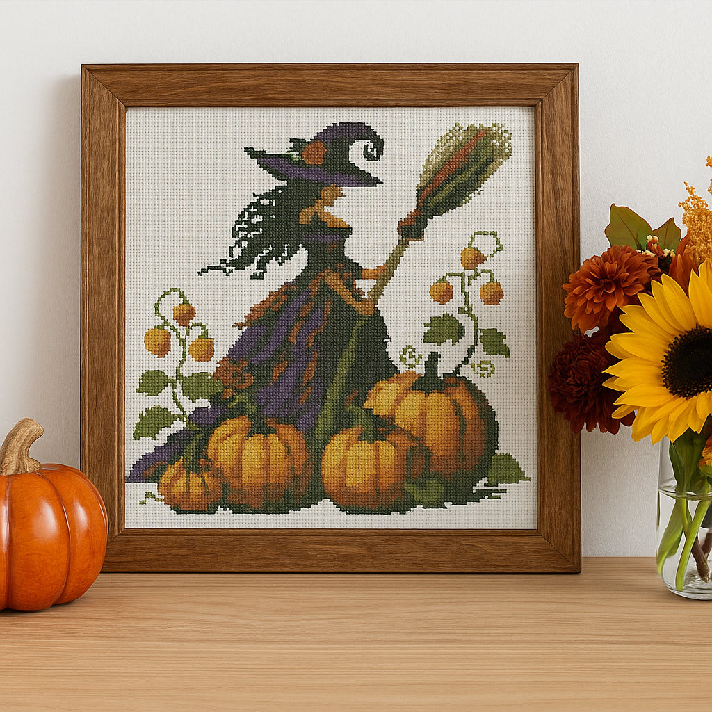 High-Quality Witch Cross Stitch Pattern – Detailed Halloween Witch with Pumpkins