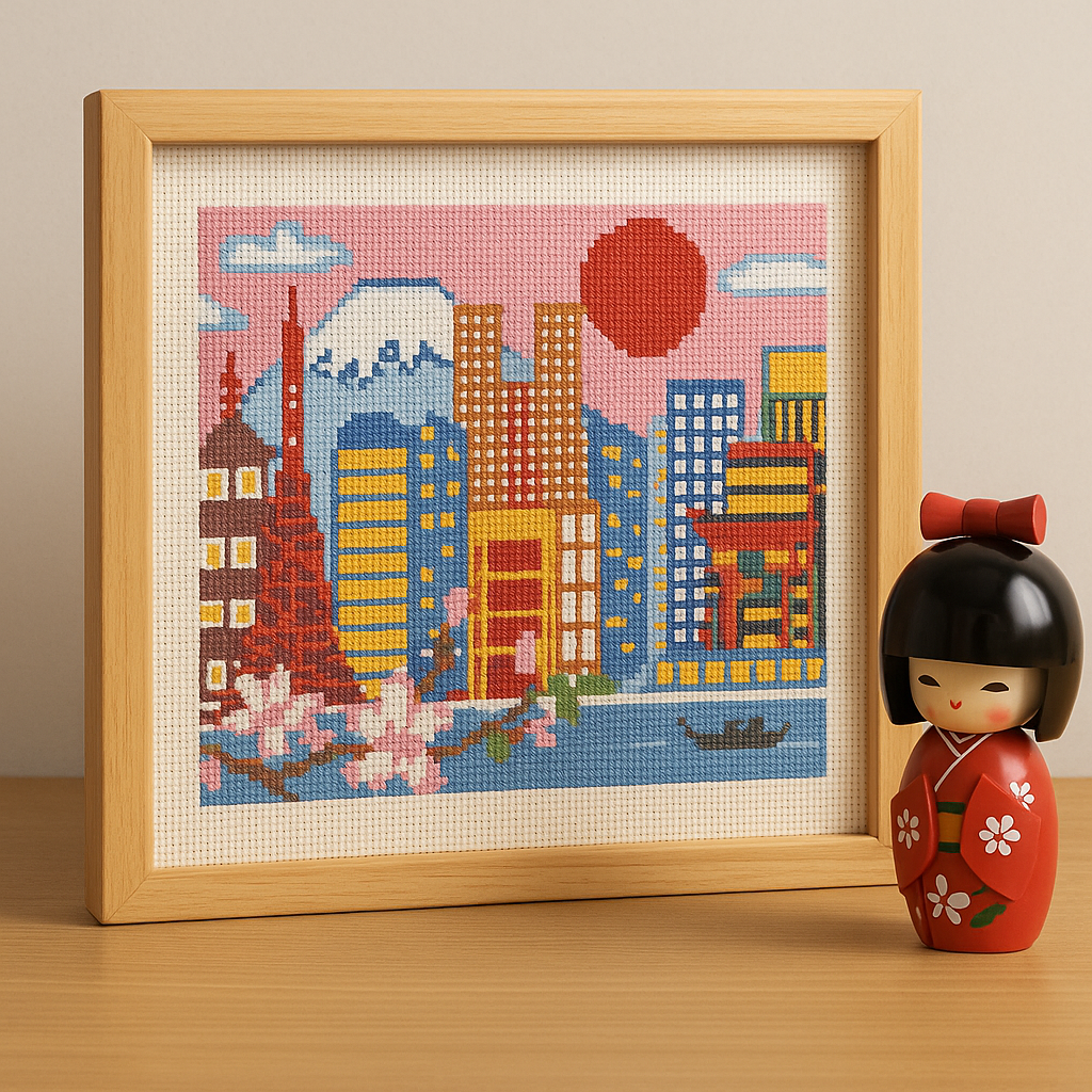 Tokyo Skyline Cross Stitch Pattern – Modern Japan Cityscape Embroidery PDF