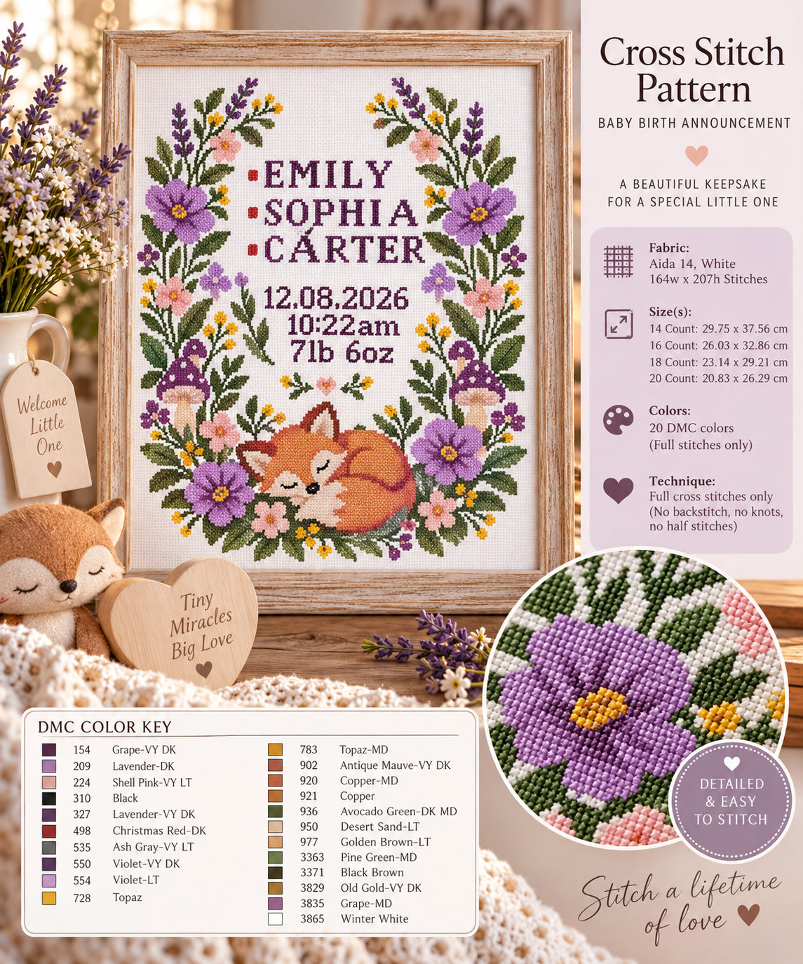 Personalized Baby Birth Announcement Cross Stitch Pattern PDF – Woodland Fox Sampler + Alphabet