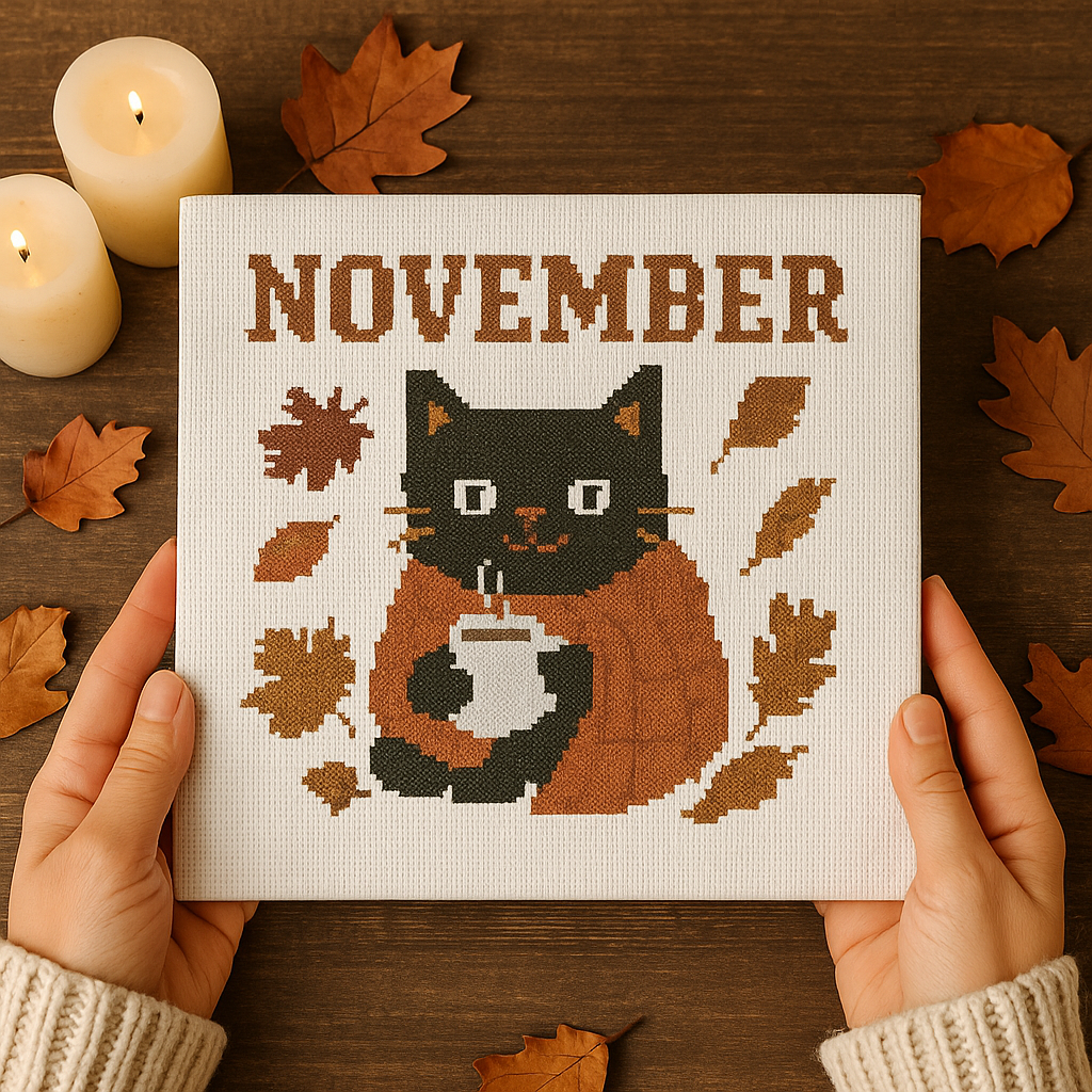November Black Cat Cross-Stitch Pattern – Cozy Autumn Embroidery PDF